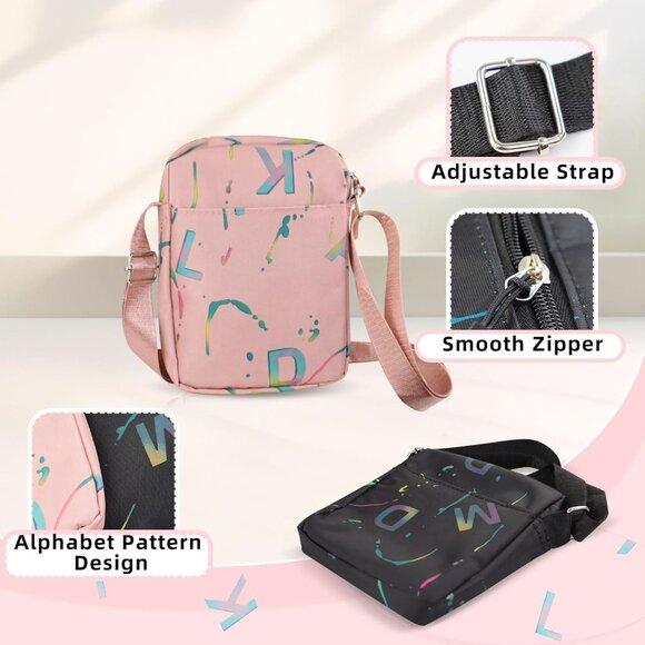 Black Nylon Oxford Cloth Crossbody Phone Purse with Letter Print, Compact and Ad - Picture 3 of 6